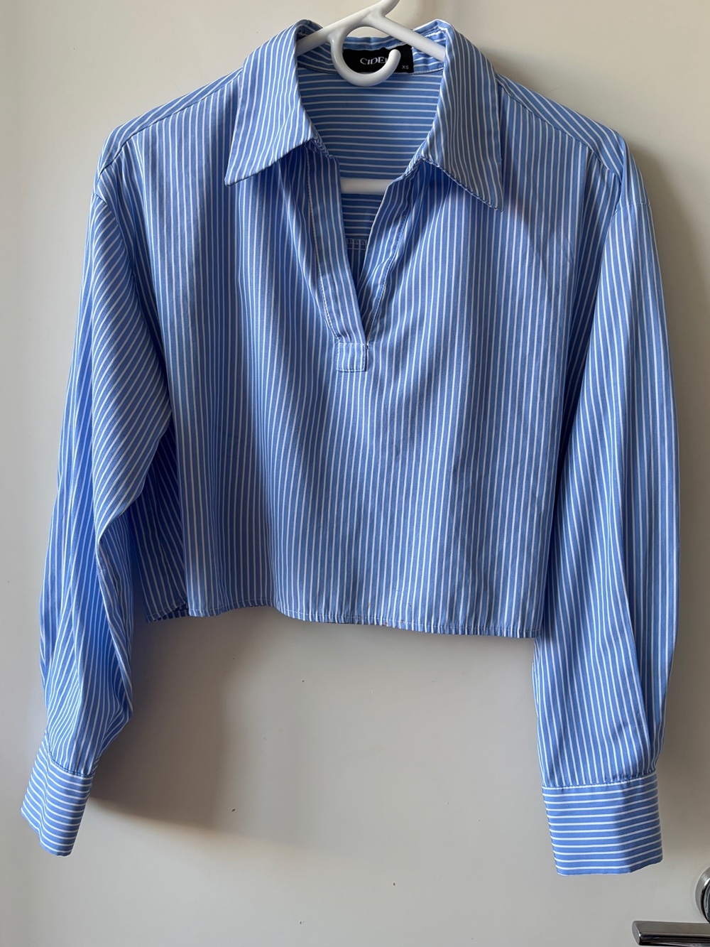 Cider Light Blue & White Pinstripe Cropped Collared Shirt